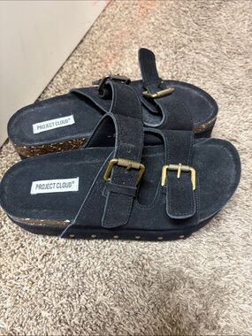 Project cloud Black Suede Buckle Slide Sandals